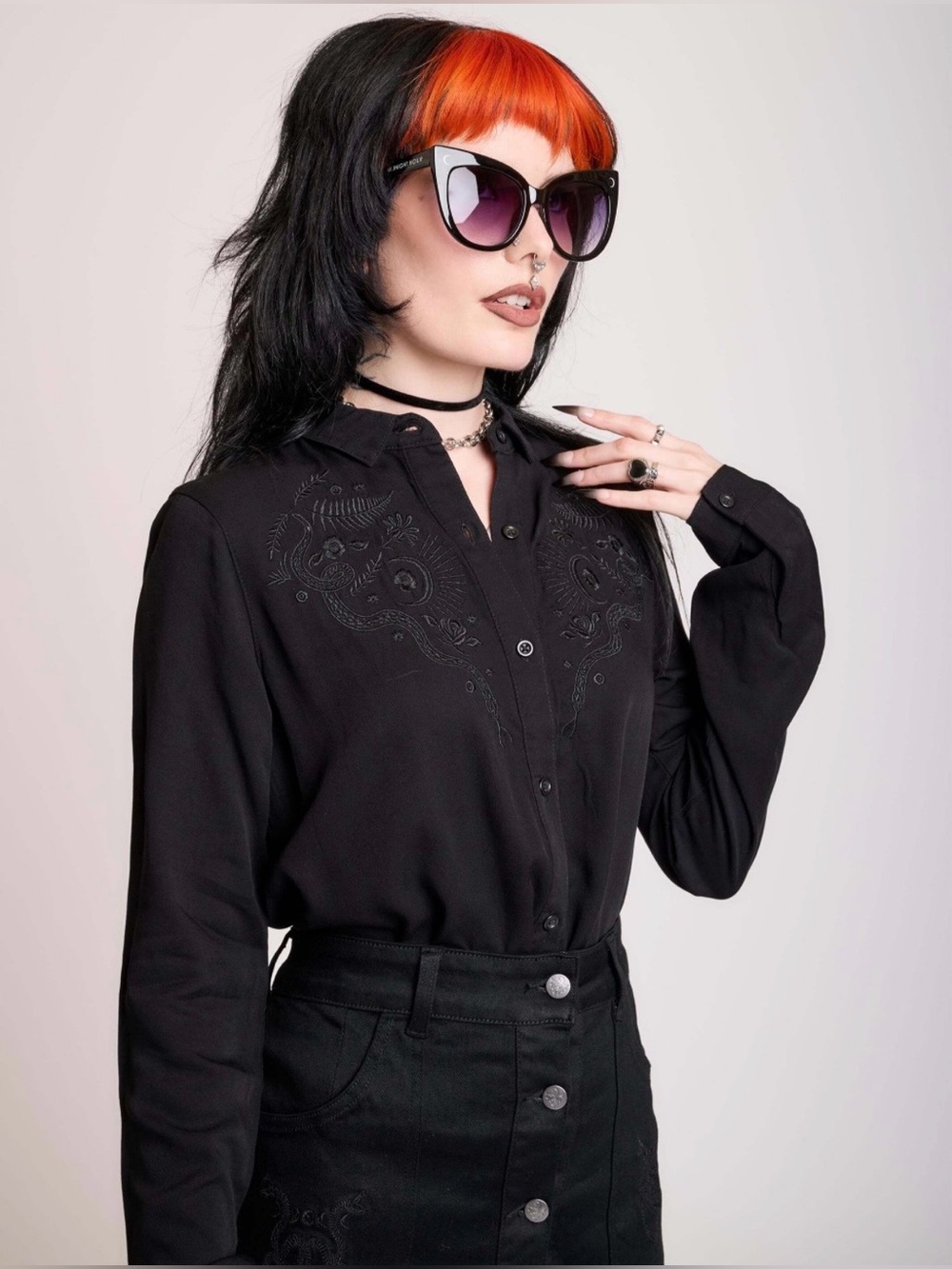 Embroidered Relics Button Up
Shirt- Midnight Hour Black Top